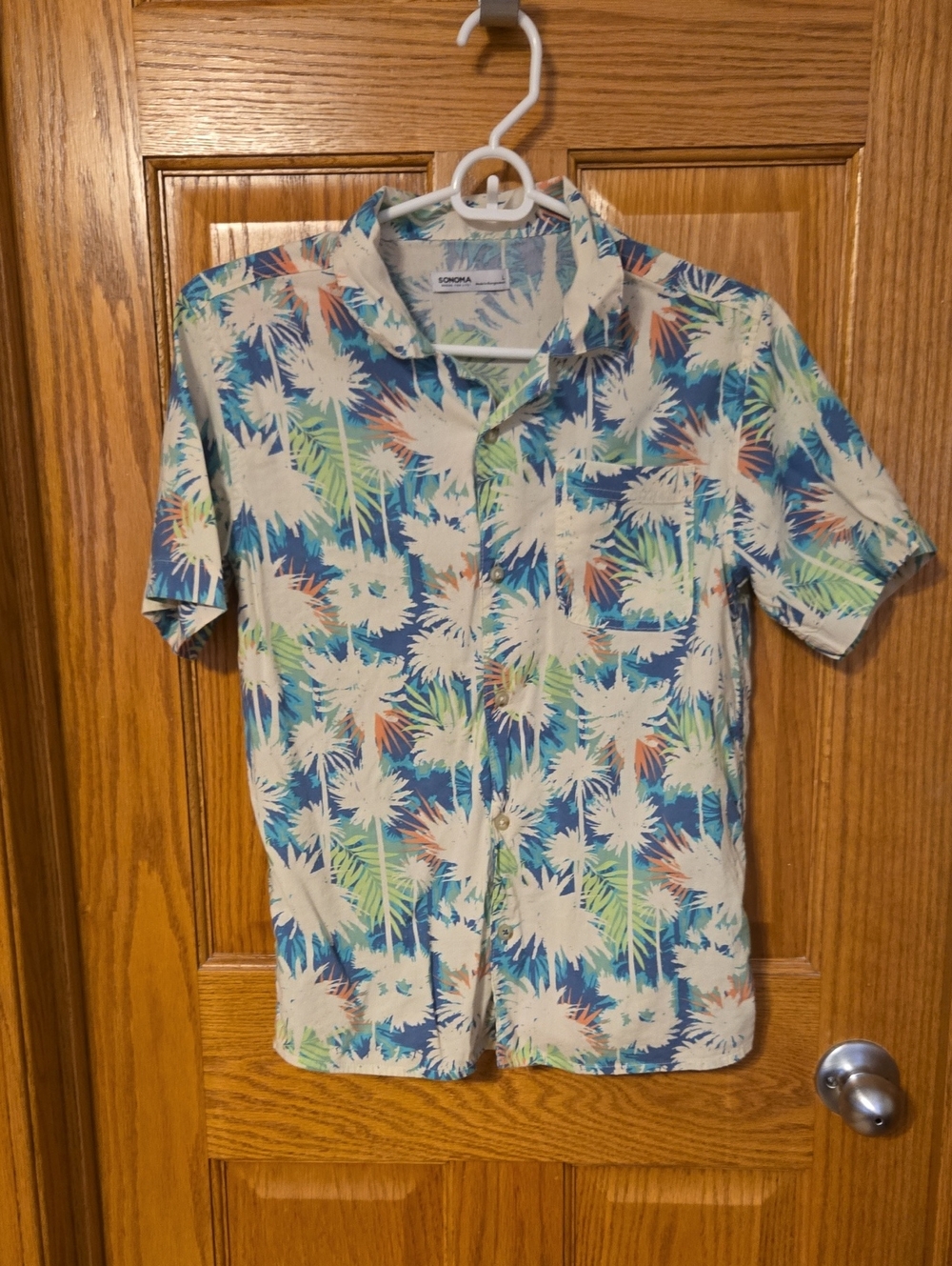 Sonoma Blue Multi Palm-Print Short-Sleeve Button-Down Shirt